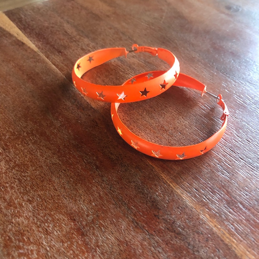 Charming Charlie Earrings Bright Orange Hoop with Star Cutouts